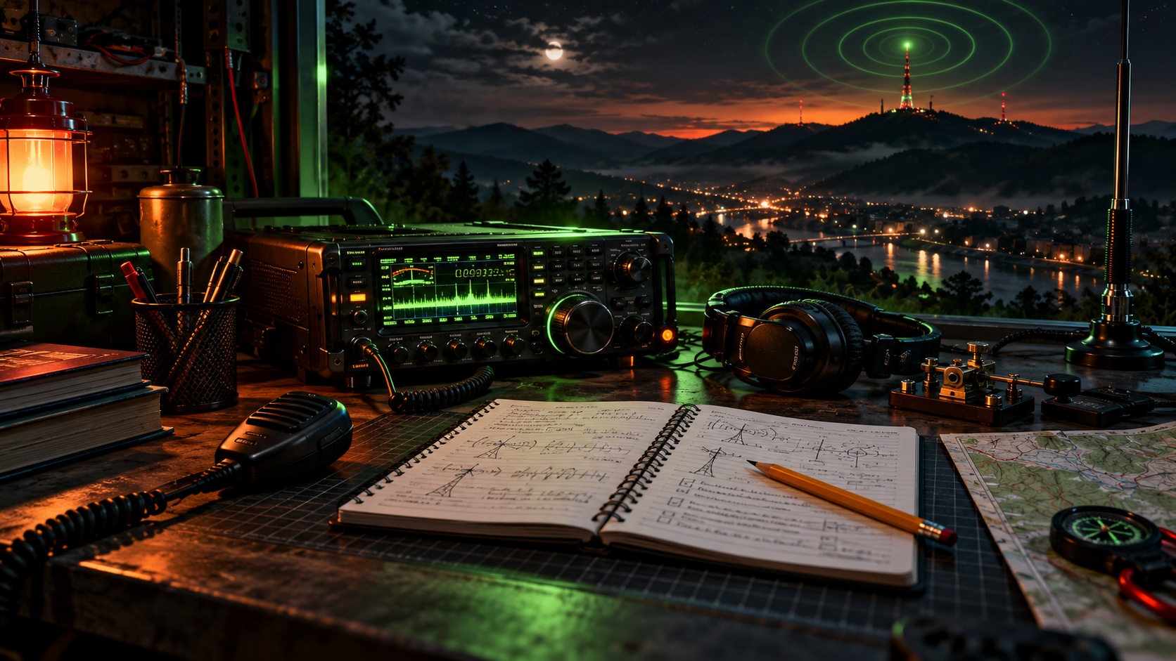 Amateur radio transceiver with green signal rings, SecureWV exam artwork